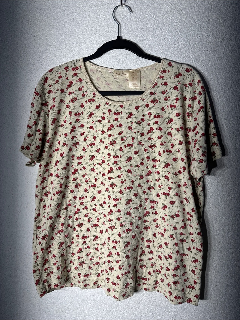 Vintage 90s Bobbie Brooks Pointelle Knit Ditsy Floral Top Cream Red Size XL